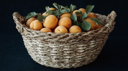 Abundance of Fresh Apricots in Woven Basket, Ripe Summer Harvest Still Life