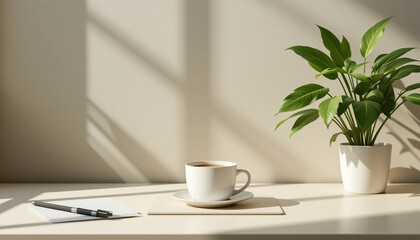 Minimalist workspace with a coffee cup and a plant, sunlit desk, ideal for productivity, morning routines, or lifestyle blogs