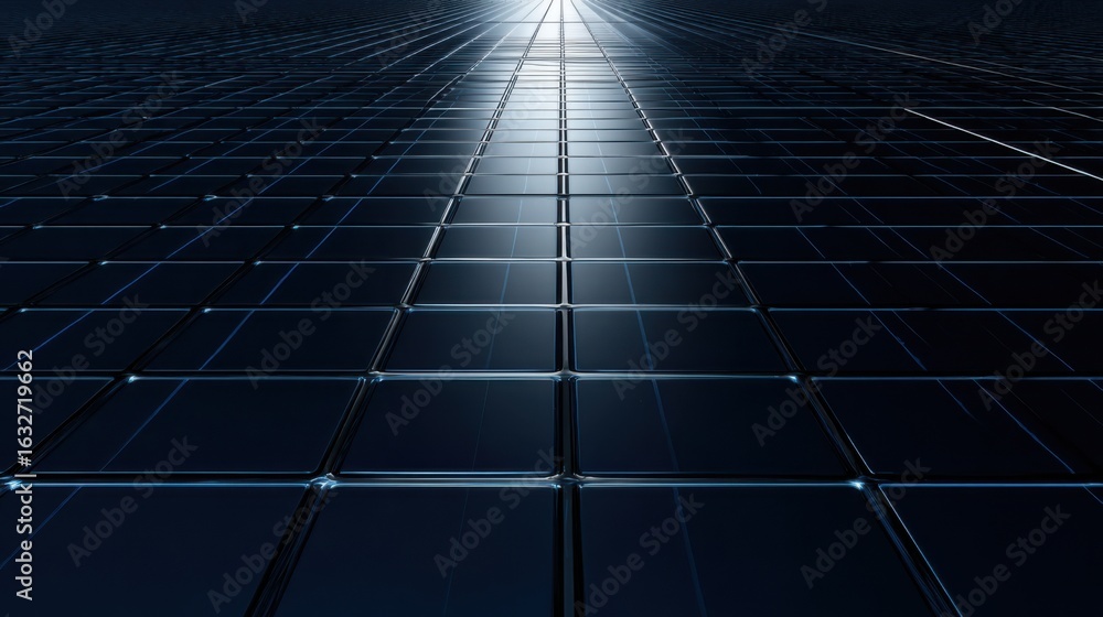 Poster dark geometric patterns create a futuristic perspective on a polished, reflective surface