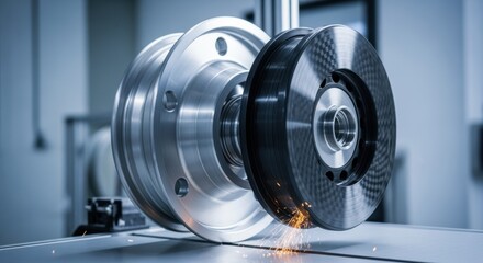Wheel hub and carbonfiber flywheel rotor spinning at high velocity during kinetic energy storage system validation session.