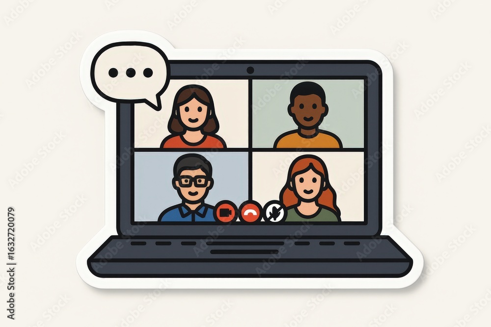 Poster engaging virtual team meeting depicting diverse participants communicating openly on a laptop screen