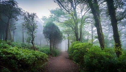 Obraz premium a foggy forest path with trees and bushes