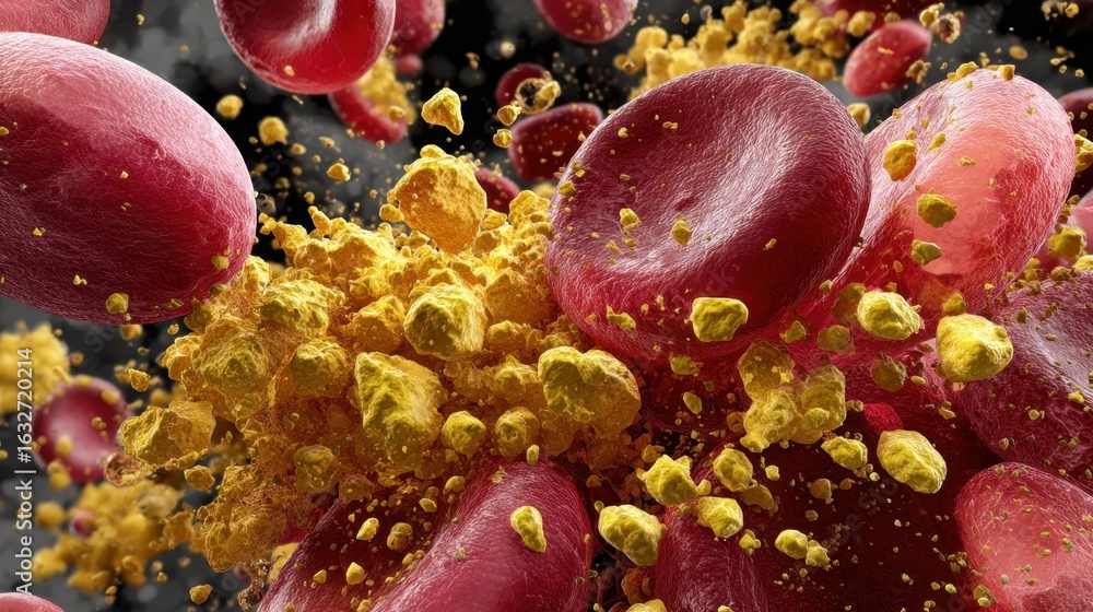 Poster highresolution 3d visualization of red blood cells affected by enzyme deficiency fragmenting into ye
