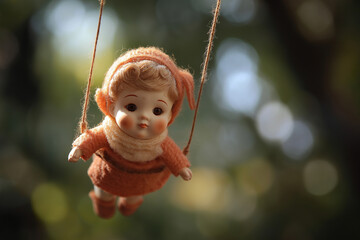 Magical flying baby doll in forest, playtime, magical