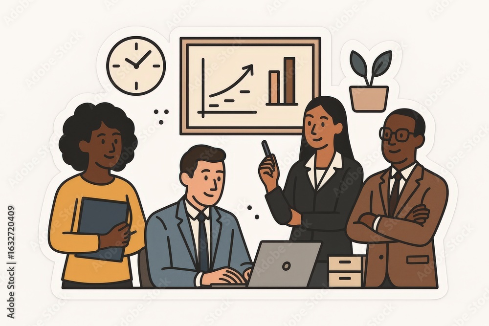 Poster collaborative professionals engaged in a productive meeting analyzing growth metrics displayed on a 