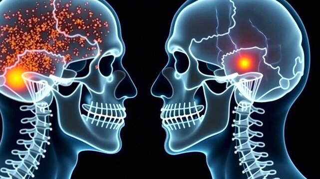 Bones broken, skull fracture, pain focus. Medical rendering. Visual cortex glows under stress. Nerve damage causes severe ache. Recovery timeline affects brain health.