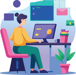 Fototapeta premium Business people work on computers at desks in an office