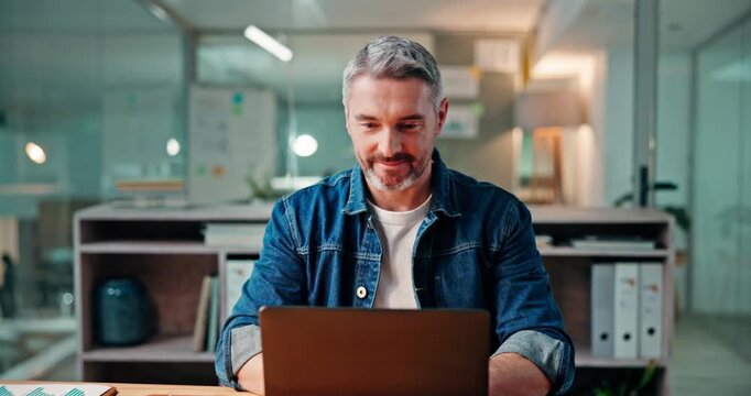 Laptop, face and research with business man in office for article editor, planning and publication. Email newsletter, proofreading draft and journalist story with mature person in agency for report