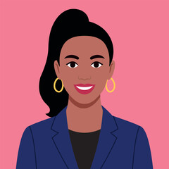 Professional female avatar with a high ponytail, gold hoop earrings, and navy blazer. Flat vector illustration for corporate profiles, apps, business teams, or user interface designs.