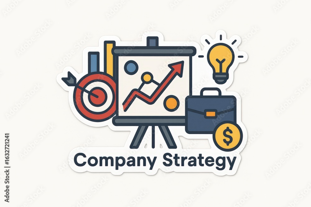 Aufkleber visual representation of company strategy showcasing growth elements like charts and a target symbol