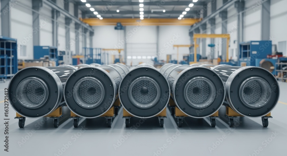 Poster a row of brandnew carboncapture membrane modules lying horizontally on rolling carts within a mainte