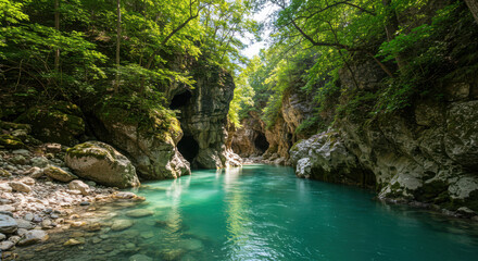 Fototapeta premium Turquoise river flowing through a lush green canyon with rocky walls and trees overhead