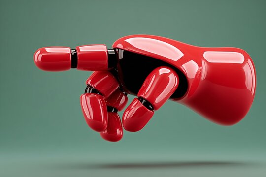 A vivid red robotic hand points forward, featuring smooth curves and a glossy finish. The modern design contrasts strikingly against a soft green background.