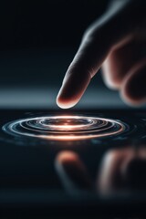 A detailed shot of a finger making contact with a liquid surface, causing circular ripples. The dark background highlights the fluid motion and creates a serene atmosphere.