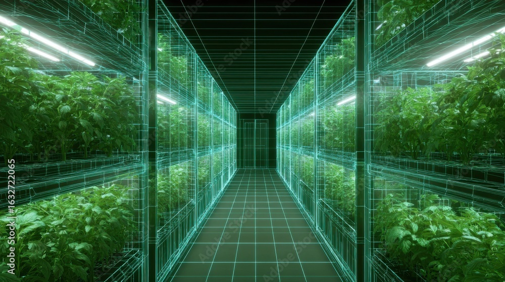 Poster a lush indoor vertical farming setup featuring rows of bioreactors each containing genetically modif