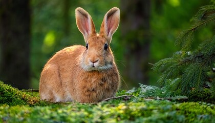 Fototapeta premium a large untamed orange rabbit or bunny in a stunning lush green woodland area