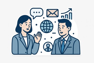 Engaging professional conversation between two business people exchanging insightful ideas on global connectivity and team dynamics illustrated with modern visual elements and technology concepts