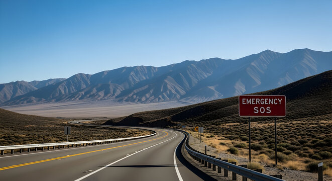 Desert Highway With Emergency Sign and Mountain Range Under Clear Blue Skies - Powered by Adobe