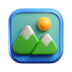 3d stylized landscape icon with mountains and sun isolated on transparent background