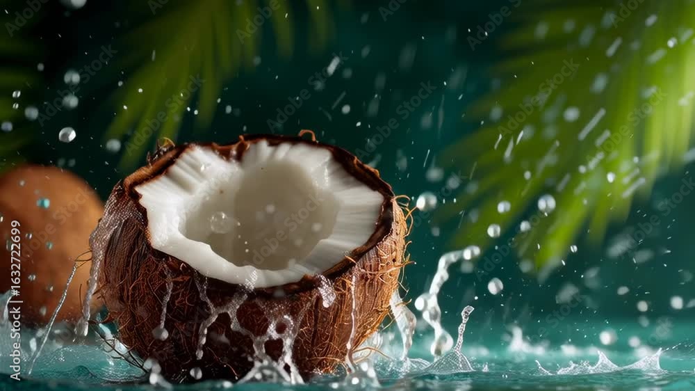 Poster a coconut is floating in a pool of water. the water is splashing around the coconut, creating a sens