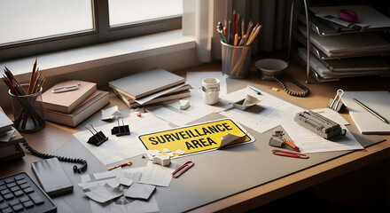 Disorganized Workplace With Surveillance Area Sign On Table In Office Setting