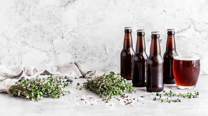 Dark beer in a glass beside brown bottles on a textured surface, surrounded by fresh herbs and a soft cloth, creating a rustic and inviting atmosphere for beverage enthusiasts