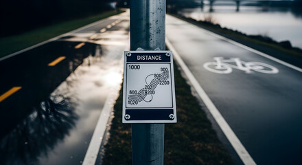 Distance Marker And Cycling Lane On A Wet Morning Path Along The River