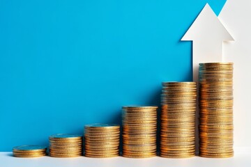Gold coins stack chart with arrow up financial growth investment and savings concept