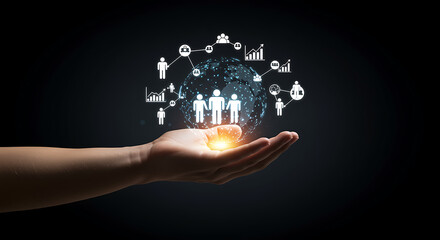 Business network and connection concept with a hand holding a digital globe with social media icons, representing global communication and online marketing