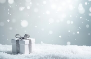 A single small christmas matte white gift box wrapped with a silver glitter ribbon
