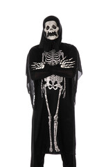 man in halloween death costume on white background