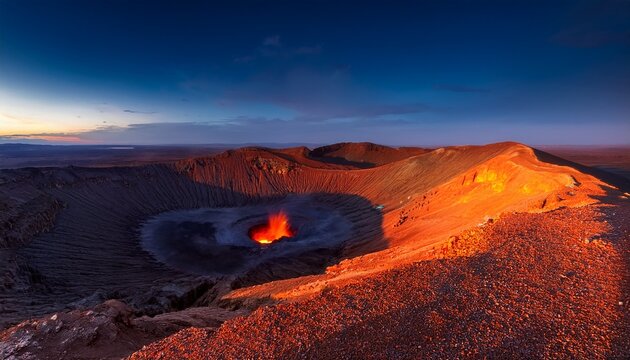 vivid orange crater surrounded by a mysterious dark desert landscape at twilight