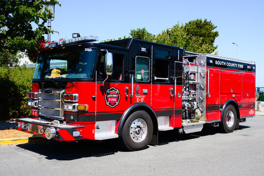 Edmonds, WA, USA - July 17, 2025; South County Fire engine E-17 on street a Pierce Enforcer