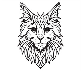 Fototapeta premium Maine Coon Cat Face Line Art | Fluffy Long-Haired Cat Black and White Vector Illustration