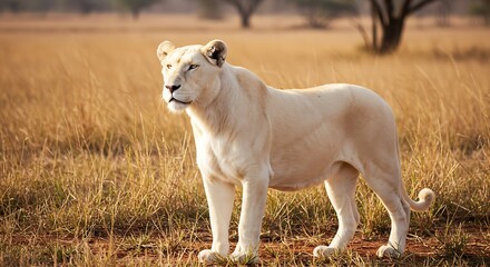 Fototapeta premium Albino lioness and lion with pure white fur and light eyes, in a natural savannah environment illuminated by the sun, blurred background, realistic photographic style in high resolution.