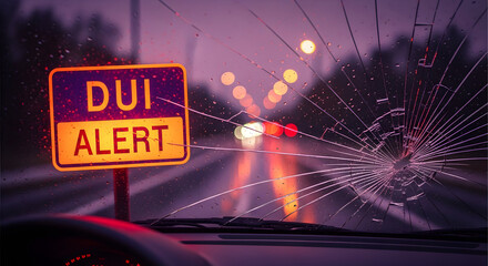 Drinking Driving Consequences Shattered Windshield and Safety Alert on Rainy Night