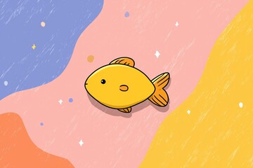 A whimsical illustration of a goldfish on a vibrant, pastel-colored background featuring swirls of blue, pink, and yellow.