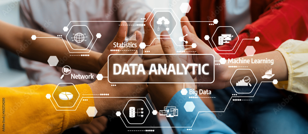 Poster a vibrant depiction of teamwork in data analytics featuring hands joined together, surrounded by mod