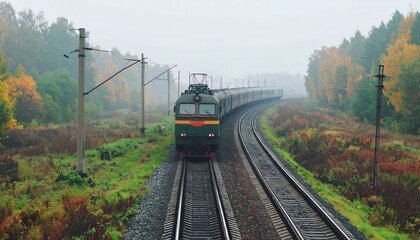 Foggy train ride through autumn woods