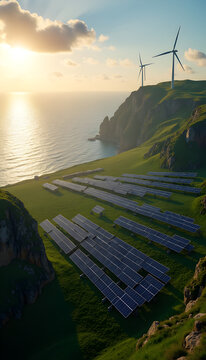 Aerial view of coastal solar panels and wind turbines on lush cliff at sunrise - golden hour glow over serene ocean illustrating sustainable energy transition and climate solutions  