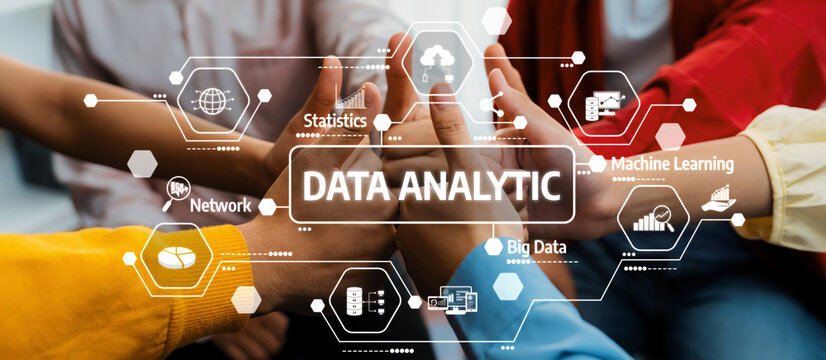 A vibrant depiction of teamwork in data analytics featuring hands joined together, surrounded by modern technology elements like network and big data concepts. Amity - Powered by Adobe