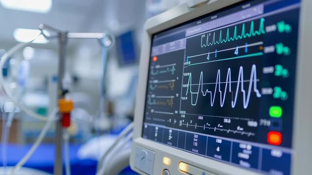 A hospital monitor displays a patient's heart rate. The monitor is connected to a patient's IV and is located in a hospital room