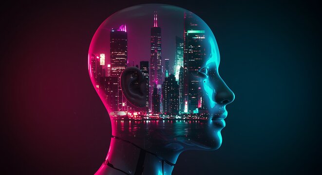 Futuristic AI head reflecting a vibrant cityscape under neon lights a concept of artificial intelligence and urban connection