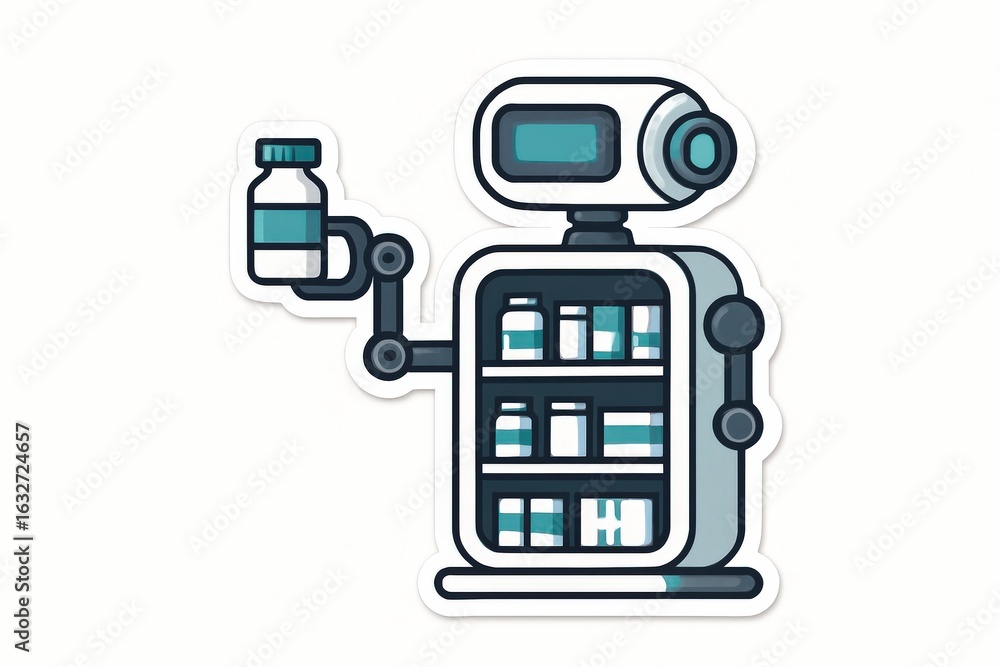 Poster innovative robotic dispenser showcasing futuristic design and streamlined functionality while articu