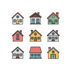 Nine colorful house icons different styles home designs