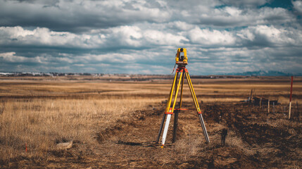 Professional surveyor&rsquo;s theodolite tripod set up in vast open field under cloudy sky