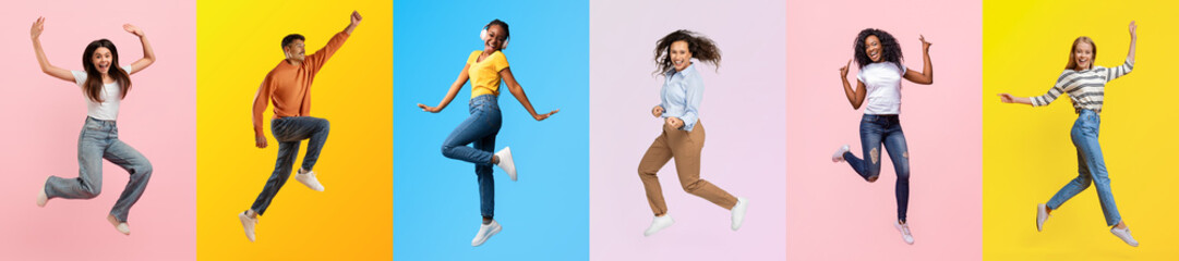 A vibrant collection of diverse people is joyfully jumping against bright pastel backgrounds. Their expressions showcase happiness and energy in a lifestyle setting celebrating diversity.