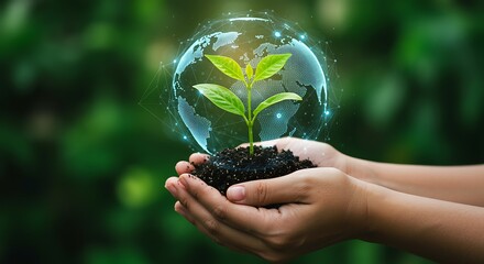 Hands holding seedling with soil and digital globe showcasing environmental responsibility and sustainable technology for a greener future