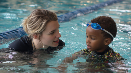 Swimming instructor teaching a young child in a pool, providing support and guidance in a swim lane during a lesson