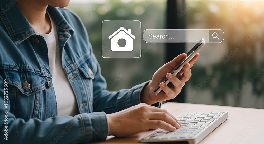 Poster woman using a smartphone and keyboard to search for property online, representing real estate browsi